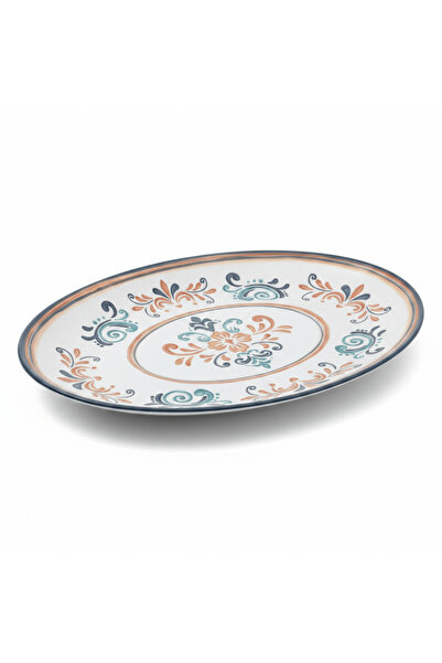 VAGUE White Oval Melamine Serving Plate with Navy Blue Folk Art Design & Rim ...