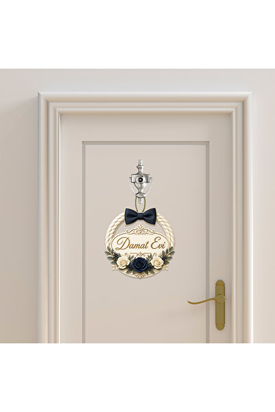 GRAFİLLİ DESİGN Damat Evi Written Door Ornament with Navy Blue Roses and Bow,...