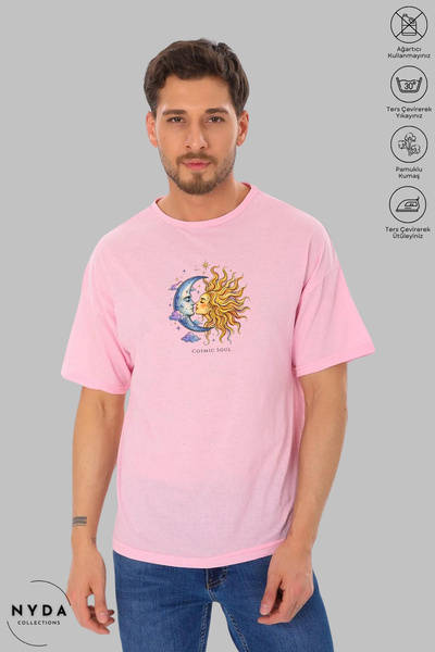 Nyda Collections Unisex Crew Neck Sun Moon Printed Cotton Oversize Short Sleeve T-Shirt