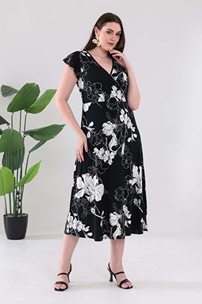 Madwilo Women's Black White Floral Pattern Ruffle Sleeve Double Breasted Coll...