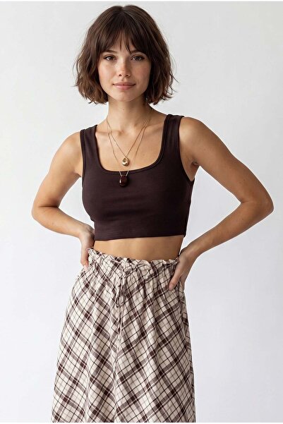 Mixray 2126 Women's U-Neck Basic Crop Undershirt Brown