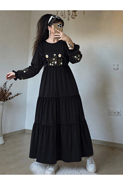 AZRA BUTİK Daisy Embroidered Dress Black