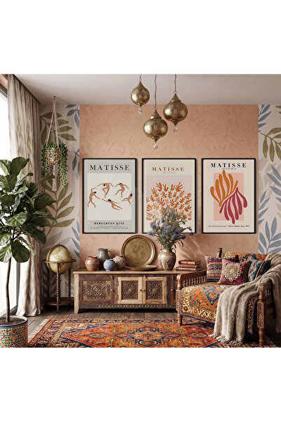 KOLAJTASARIM Triple Black Wood Framed Painting Set — Matisse Dance Natural Fo...