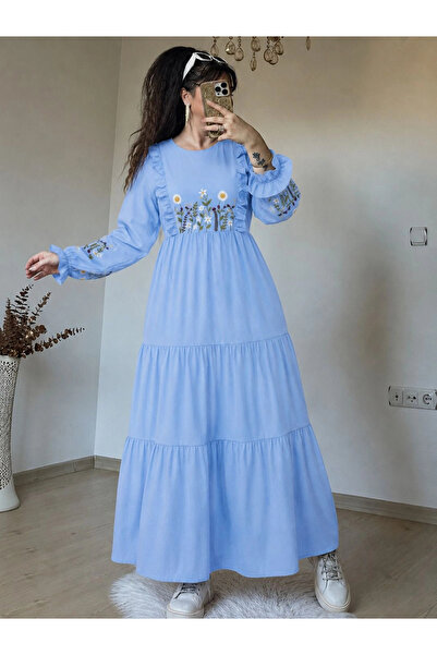 AZRA BUTİK Daisy Embroidered Dress Blue