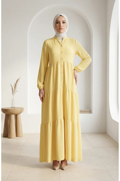 sefamerve Aerobin Fabric Buttoned Layered Hijab Dress 4124-09 Yellow