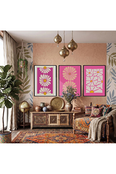 KOLAJTASARIM Fuchsia Daisy Dream 3-Piece Black Framed Painting Set Wall Paint...