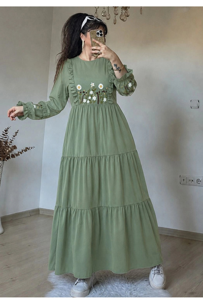 AZRA BUTİK Daisy Embroidered Dress Green