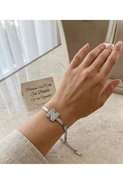 FM 💎   Premium Silver Color Shiny Stone Modern 316L Steel Letter N Bracelet ...