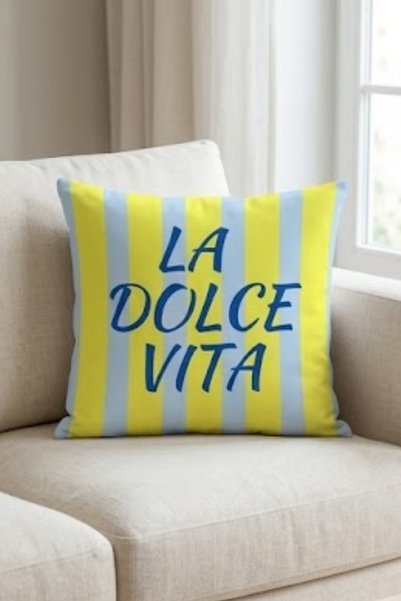 Atay Home La Dolce Vita Written Decorative Throw Pillow Cover 43X43 cm Double-Sided Yellow and Light Blue Striped