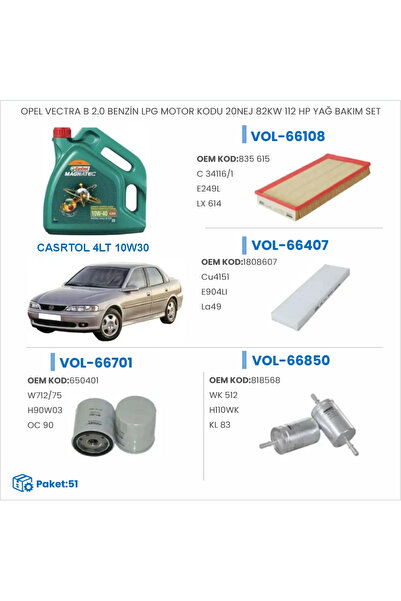 Opel VECTRA B 2.0 BENZİN LPG MOTOR KODU 20NEJ 82KW 112 HP YAĞ BAKIM SETİ