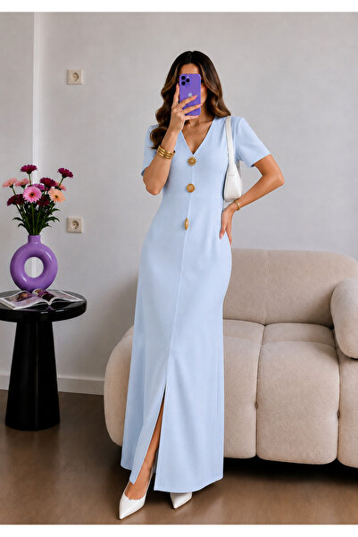 Ekim Store Rochie lungă cu decolteu în V, cu nasturi aurii și șliț