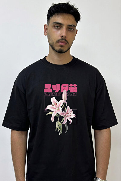 Anetos Lily Flower Design Printed Oversize Black T-Shirt