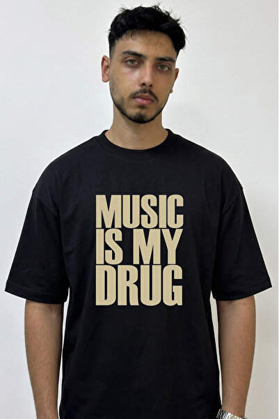 Anetos Music Drug Design Printed Oversize Black T-Shirt