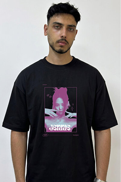Anetos Jennie Blackpink Design Printed Oversize Black T-Shirt