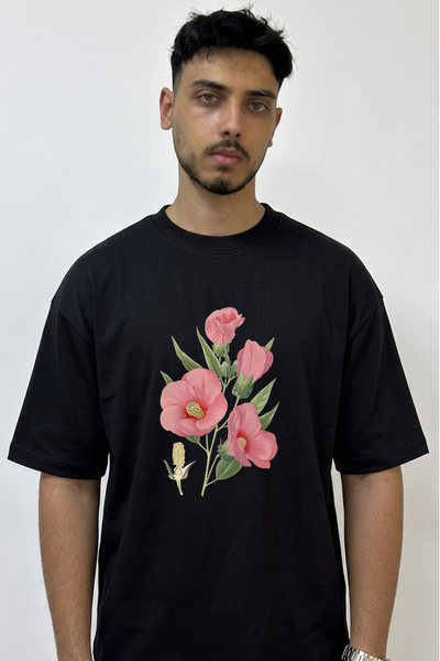 Anetos Pink Hibiscus_1 Design Printed Oversize Black T-Shirt