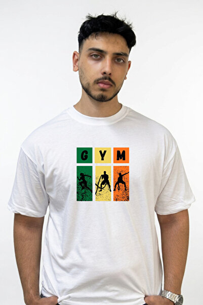 Anetos Gym Fitness Design Printed Oversize White T-Shirt