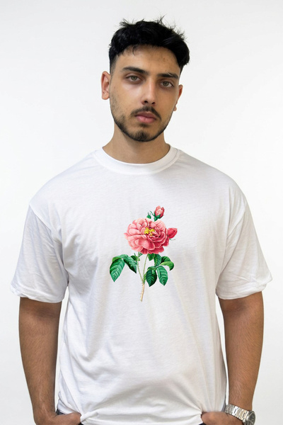 Anetos Pink Rose Design Printed Oversize White T-Shirt