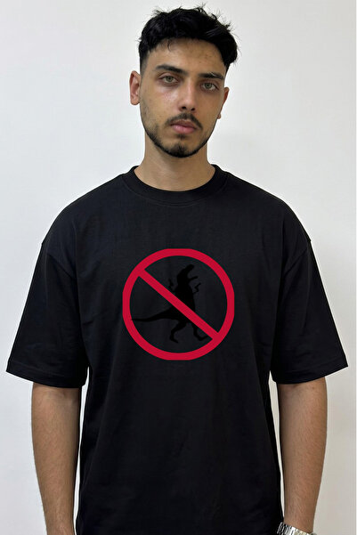 Anetos T Rex Guns Design Printed Oversize Black T-Shirt