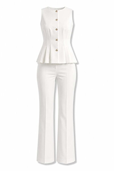 5in1Canpolat Ekru Peplum Yelek Pantolon Takım 17719