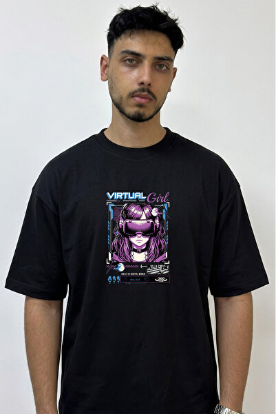Anetos Virtual Girl Design Printed Oversize Black T-Shirt