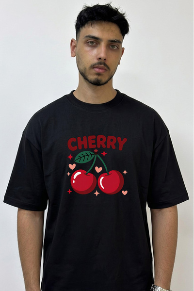 Anetos Cherry Illustration Design Printed Oversize Black T-Shirt