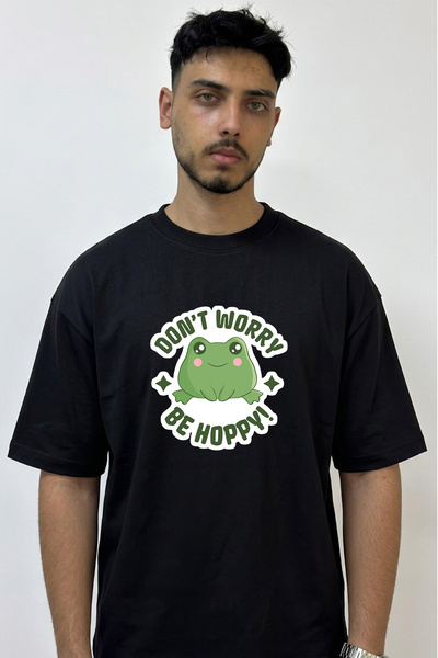 Anetos Kawaii Frog Design Printed Oversize Black T-Shirt