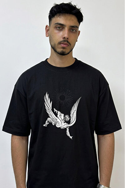 Anetos Icarus Falling Design Printed Oversize Black T-Shirt