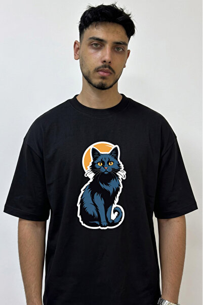 Anetos Kara Kedi_3 Design Printed Oversize Black T-Shirt
