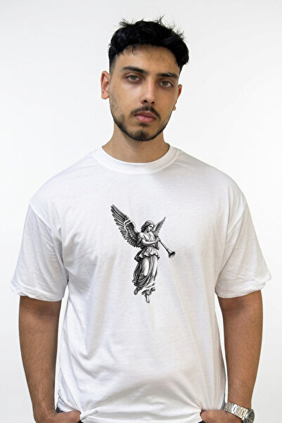 Anetos Angel Trumpet Design Printed Oversize White T-Shirt