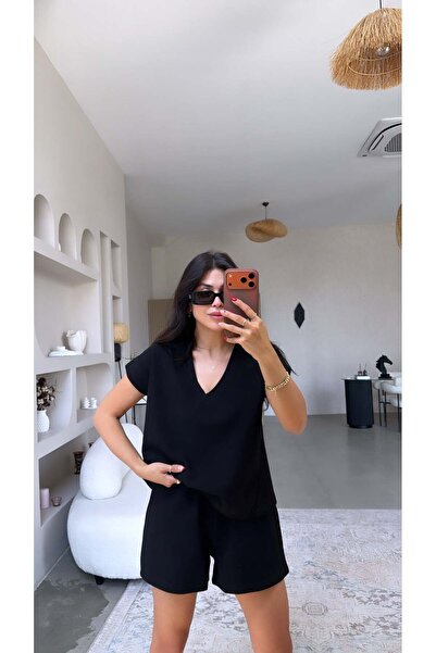 Buket Teke Black V-Neck Shorts Basic Set