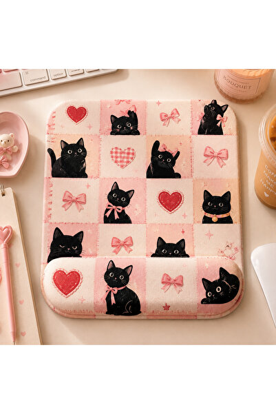 matizya Siyah Kedi Desenli Bilek Destekli Mousepad 19x23 cm Kaymaz Tabanlı Er...