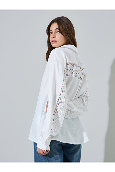 Styli White Lace Trim Oversized Casual Shirt