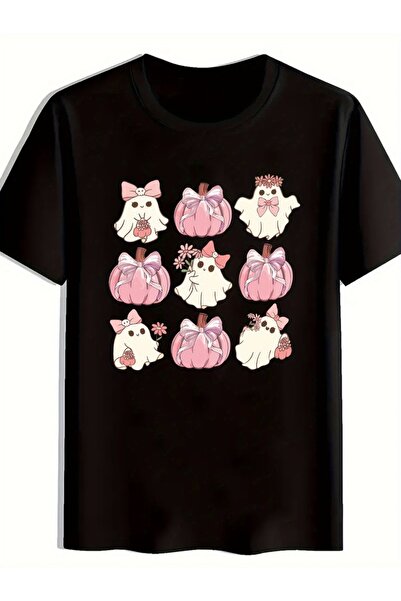 LİNA06 Black T-Shirt Featuring Playful Ghost Pumpkin Design - Adorable White ...