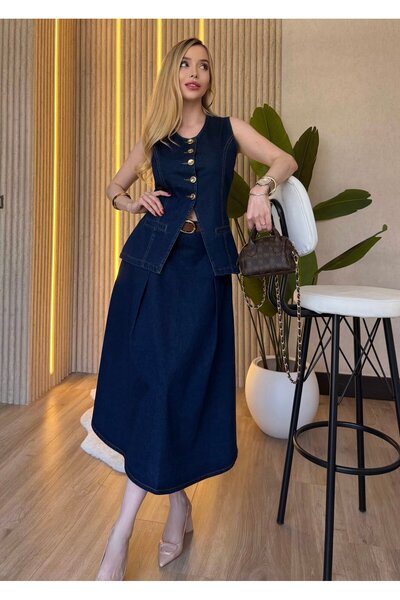 Gold Düğmeli Denim Yelekli Midi Boy Etek Takım
