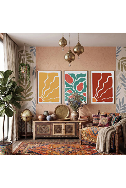 KOLAJTASARIM Set de picturi în tonuri pământii, abstracte, botanice, din 3 pi...