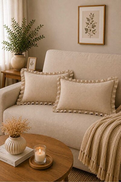 Deko Dekor Set de 2 huse de pernă decorative din in cu volane, 100% bumbac, pânză Buldan, husă de zestre, fără fermoar, 50x70 cm