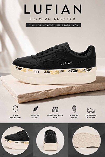 Lufian Pantofi sport pentru femei, 100% din piele naturală, negri, pantofi sp...