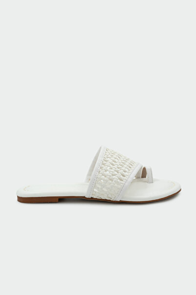 LAMİNTA Keid Knitted Detailed Flip-Flops for Women, White Flat Slippers
