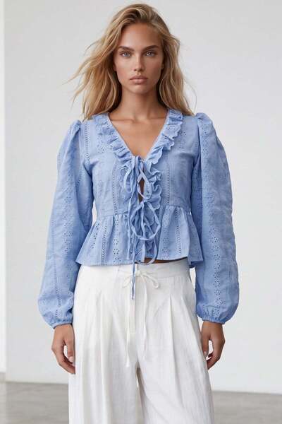 Trend Alaçatı Stili Women's Blue Ruffle Detailed Lace-Up Front Guipure Blouse...