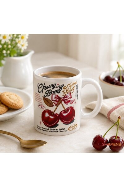 SHOPIENS Cană mică, albă, din ceramică, model Cherry Bomb, 125ml, pentru Espr...