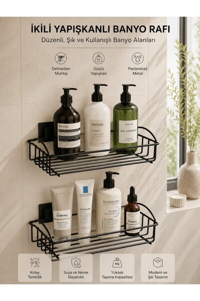 Hagen Yapışkanlı Siyah Banyo Rafı & Duş Askısı – Delme Yok, Güçlü Yapışkan – ...