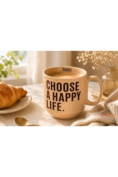 SHOPIENS Cană ceramică crem, cu mesajul „Alege o viață fericită”, 400ml, cu b...