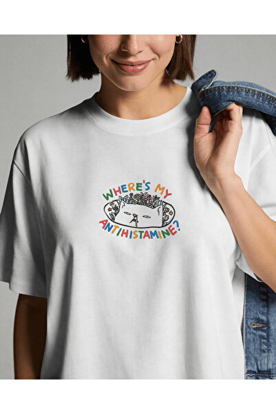 buzagi tasarım ürünleri Where's My Antihistamine Unisex White Oversize T-Shirt