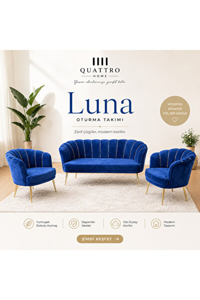 QUATTRO HOME Luna Oturma Takımı Saks Mavisi Gold Modern Tasarım 2+1+1