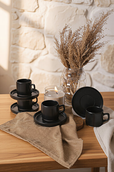 Keramika Set de ceai stivuibil negru mat, 8 piese, pentru 4 persoane