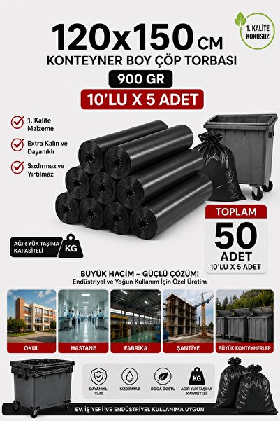 New City 120x150 cm 240 Litre Konteyner Boy Çöp Torbası 50 Adet Siyah Dayanık...
