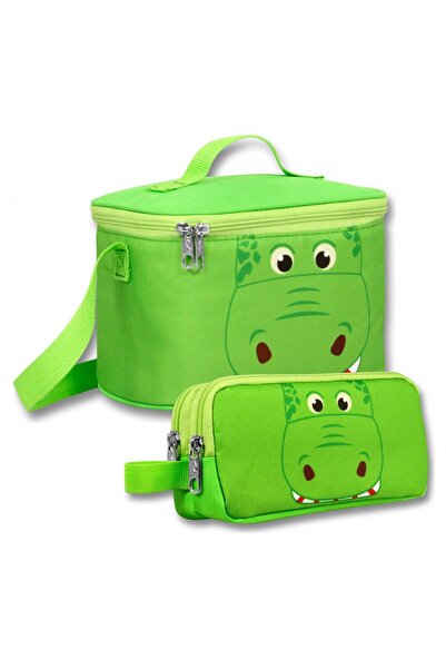 ÜMİT ÇANTA Insulated Lunch Box and Pen Holder Set (Green) Boys' Green Hippo S...