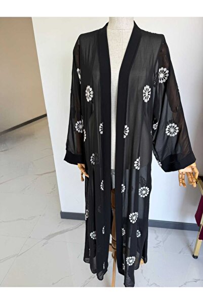 Ruker desiing Siyah Çiçek İşlemeli Uzun Kimono