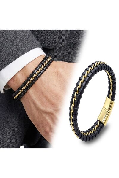 OGHAMAY Yellow Chain and Leather Wrapped Steel Bracelet 18394B2D3