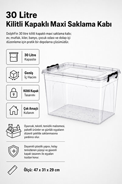 DolphFin 30 Liter Maxi Storage Container with Lockable Lid Multi-Purpose Orga...